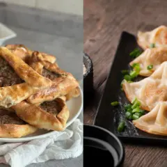 Empanadas triangulares rellenas de carne y dumplings dorados con cebolla verde.