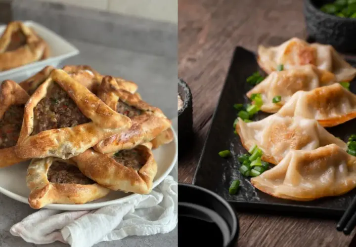 Empanadas triangulares rellenas de carne y dumplings dorados con cebolla verde.